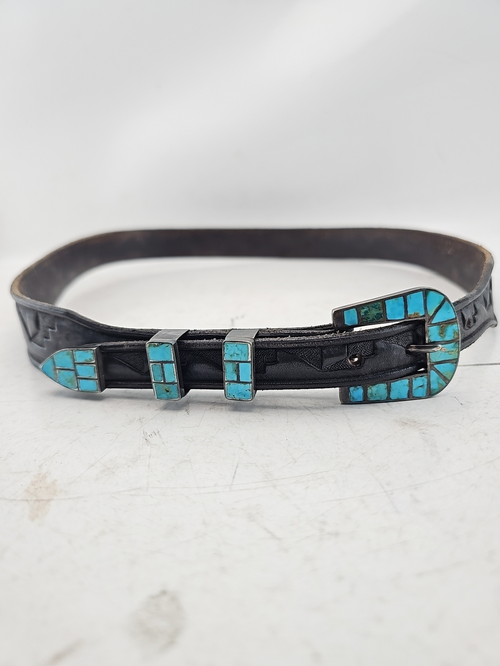 Western Tooled Leather Turquoise Inlay Belt